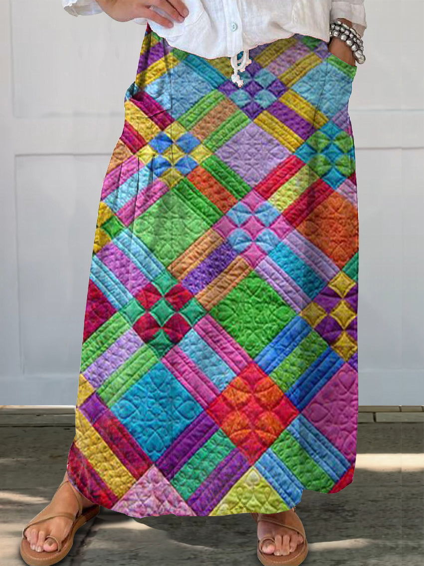 Women's Colorful Plaid Print Linen Pocket Skirt