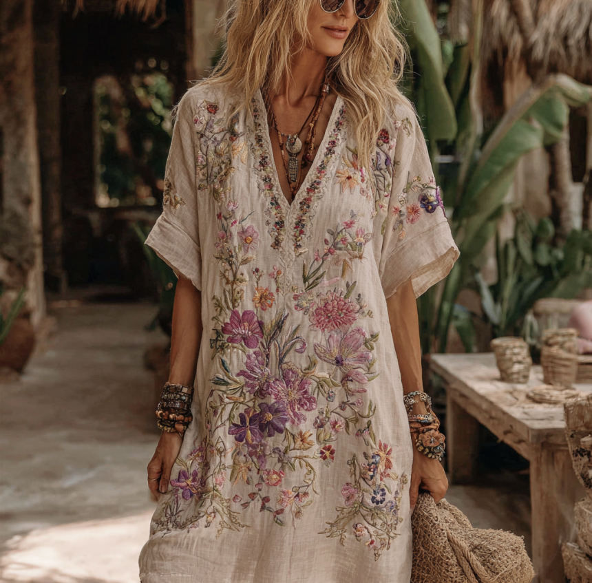 Women's Floral Embroidery Art V Neck Comfy Midi Dress
