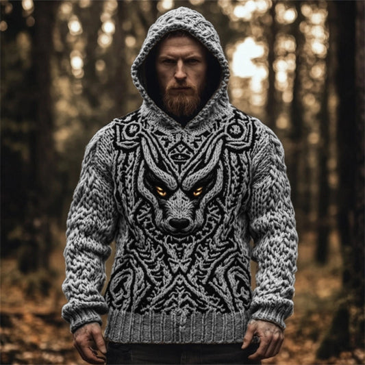 Men's Viking Wolf Celtic Cozy Chunky Hooded Sweater artswardrobe