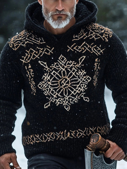Men's Vintage Viking Inspired Jacquard Cozy Hooded Sweater elevenforest