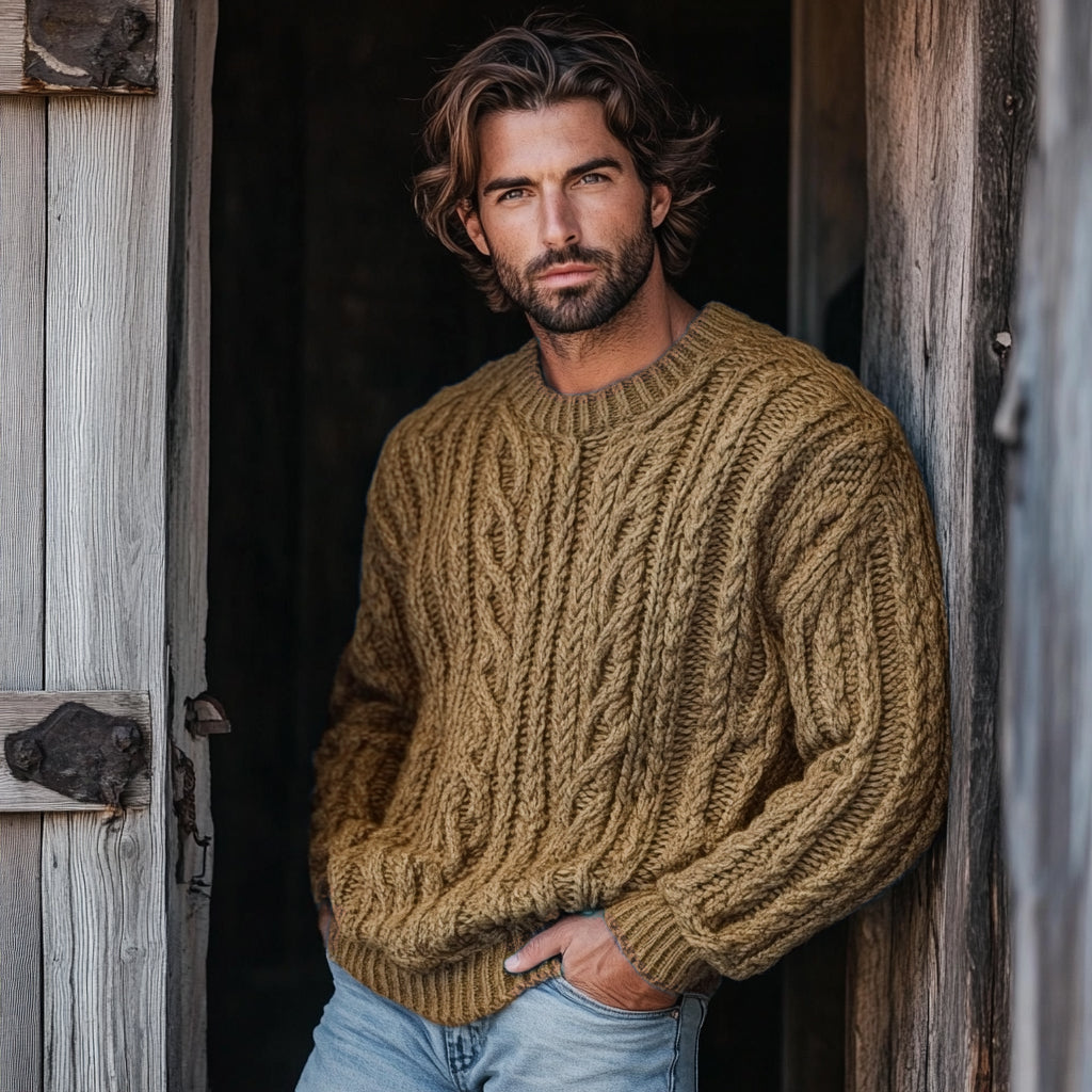 Men'S Burlap Jacquard Crew Neck Aran Sweater elevenforest