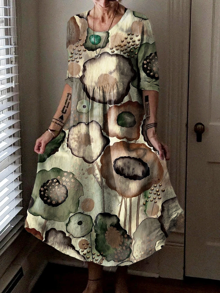 Women's Vintage Watercolor Floral Art Print Long Sleeve Pocket Cotton