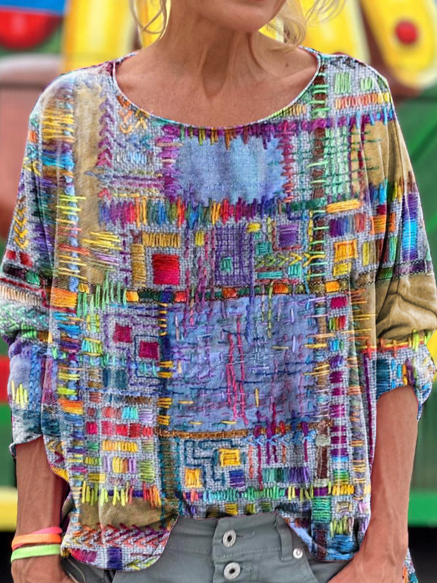 Women's Vintage Ethnic Collage Texture Art Print Casual Long Sleeve T-