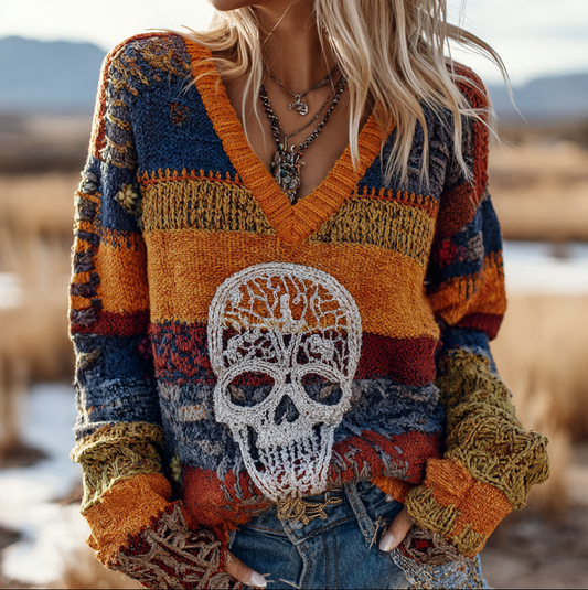 Women's V-neck Knitted Sweater With Halloween Geometric Color Blocks And Skull Patterns artswardrobe