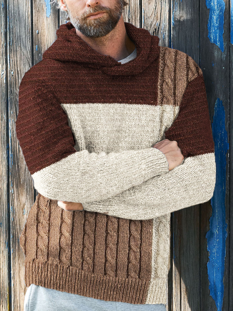 Men's Retro Knit Patchwork Cozy Hooded Sweater elevenforest