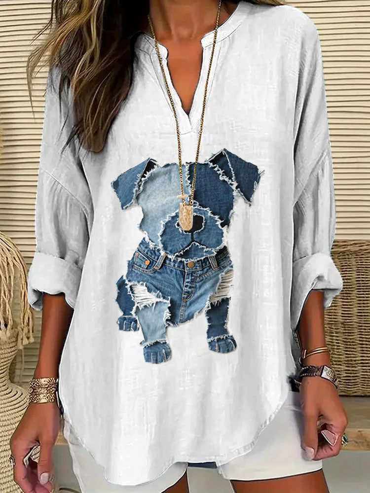 Women's Casual Funny Denim Dog Print T-shirt artswardrobe