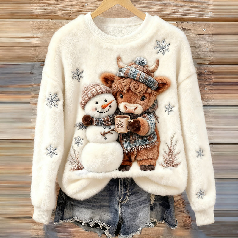 Lovely Highland Cow And Snowman Art Plush Pattern Christmas Sweater artswardrobe