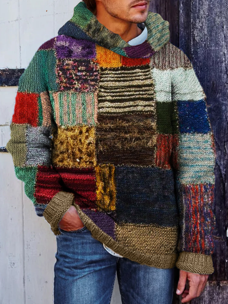 Men's Retro Colorful Fringe Patchwork Knit Cozy Hooded Sweater elevenforest
