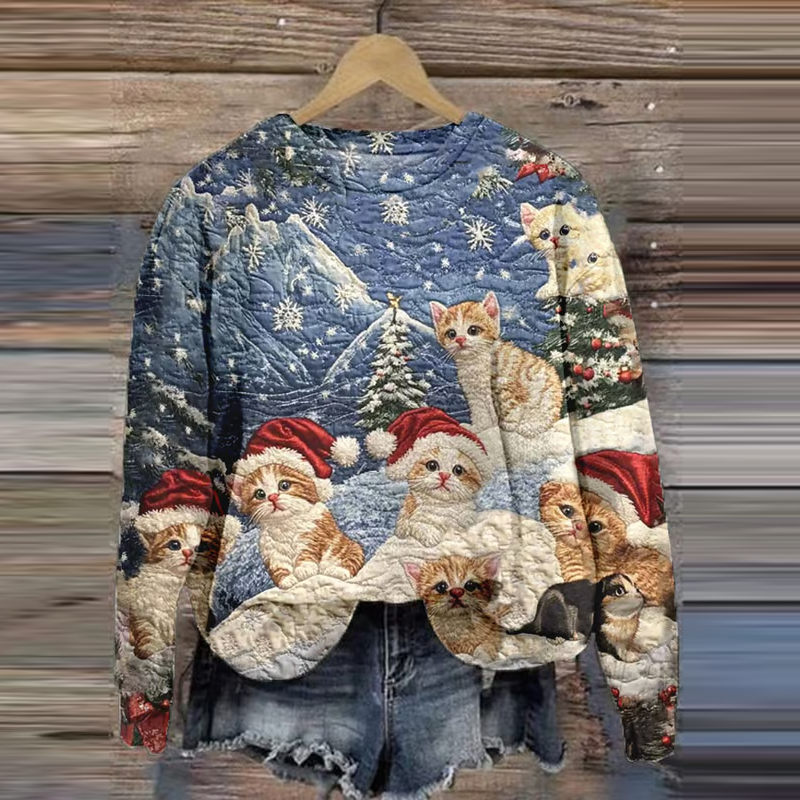 Comstylish Women's Happy Christmas Santa Hat Cats Art Printed Casual Sweatshirt