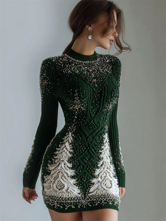 Christmas Trees Jacquard Glitter Beaded Slim Fit Sweater Dress artswardrobe