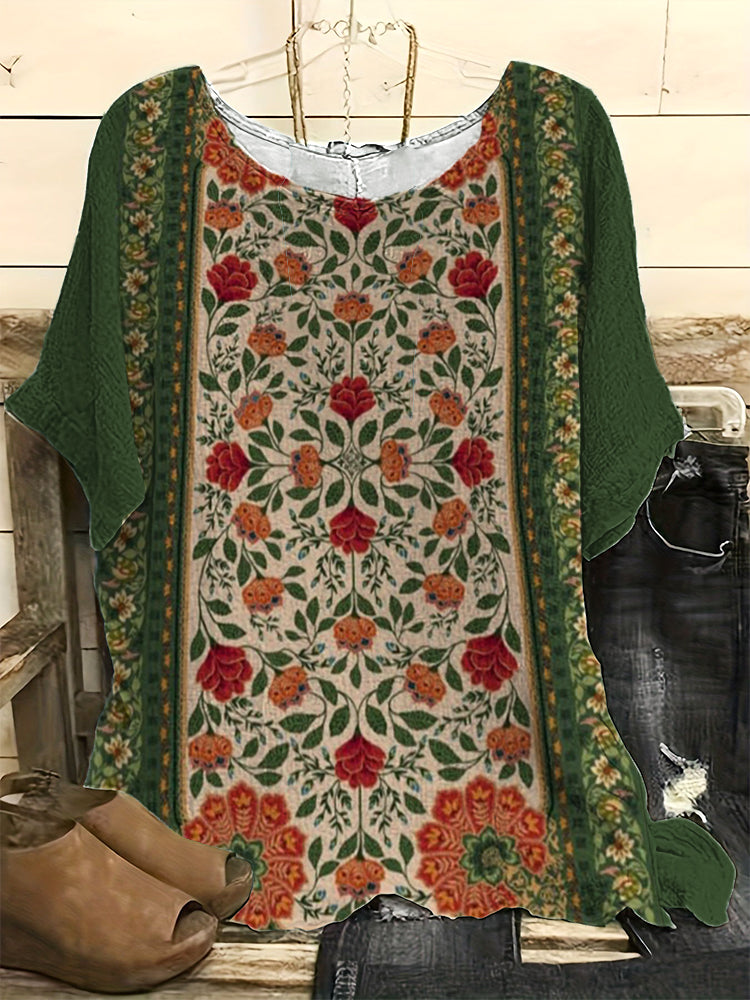 Vintage  Floral  Print Casual Linen Blend Shirt