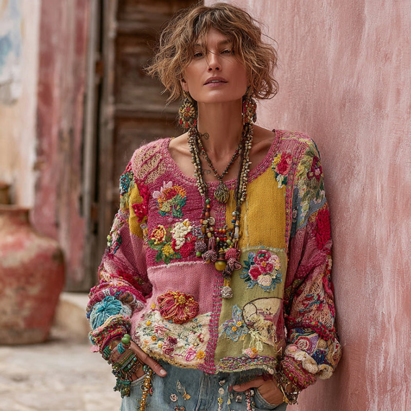 Women's Vintage Floral Embroidery Patchwork Art Pullover Knit Sweater elevenforest