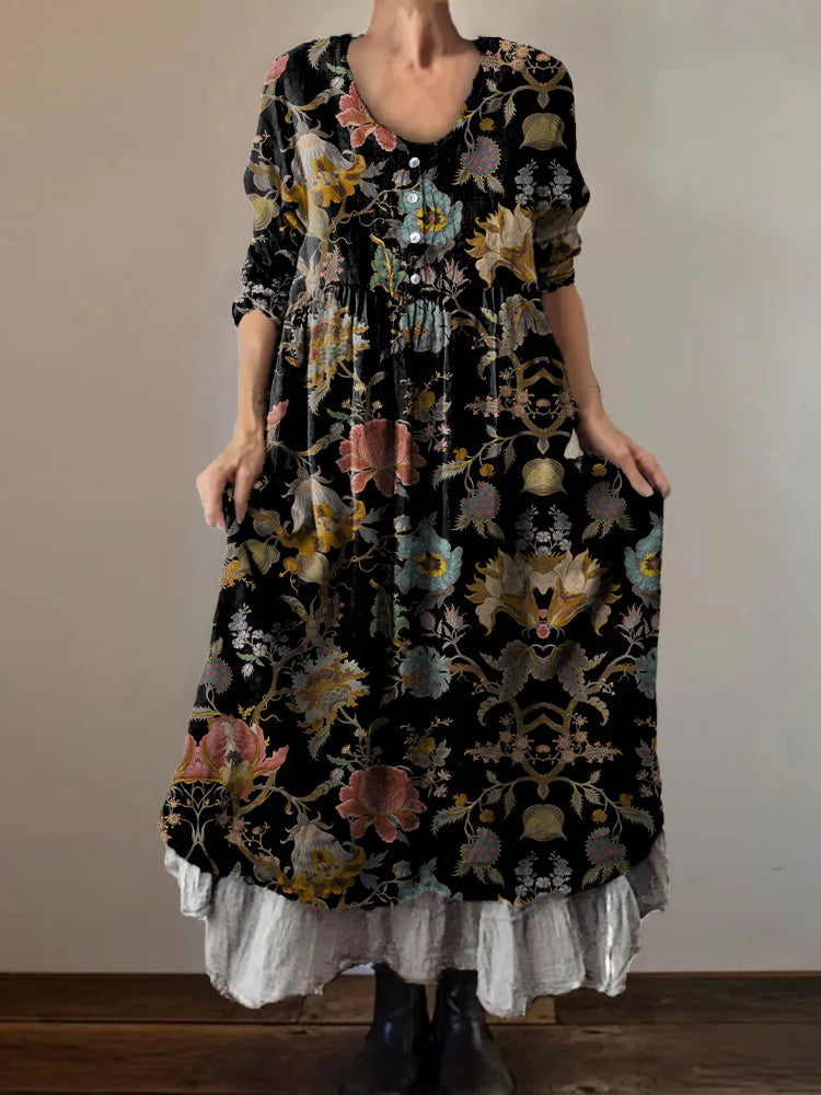 Women's Vintage Ethnic Floral Art Print V-Neck Button Pocket Cotton Dr