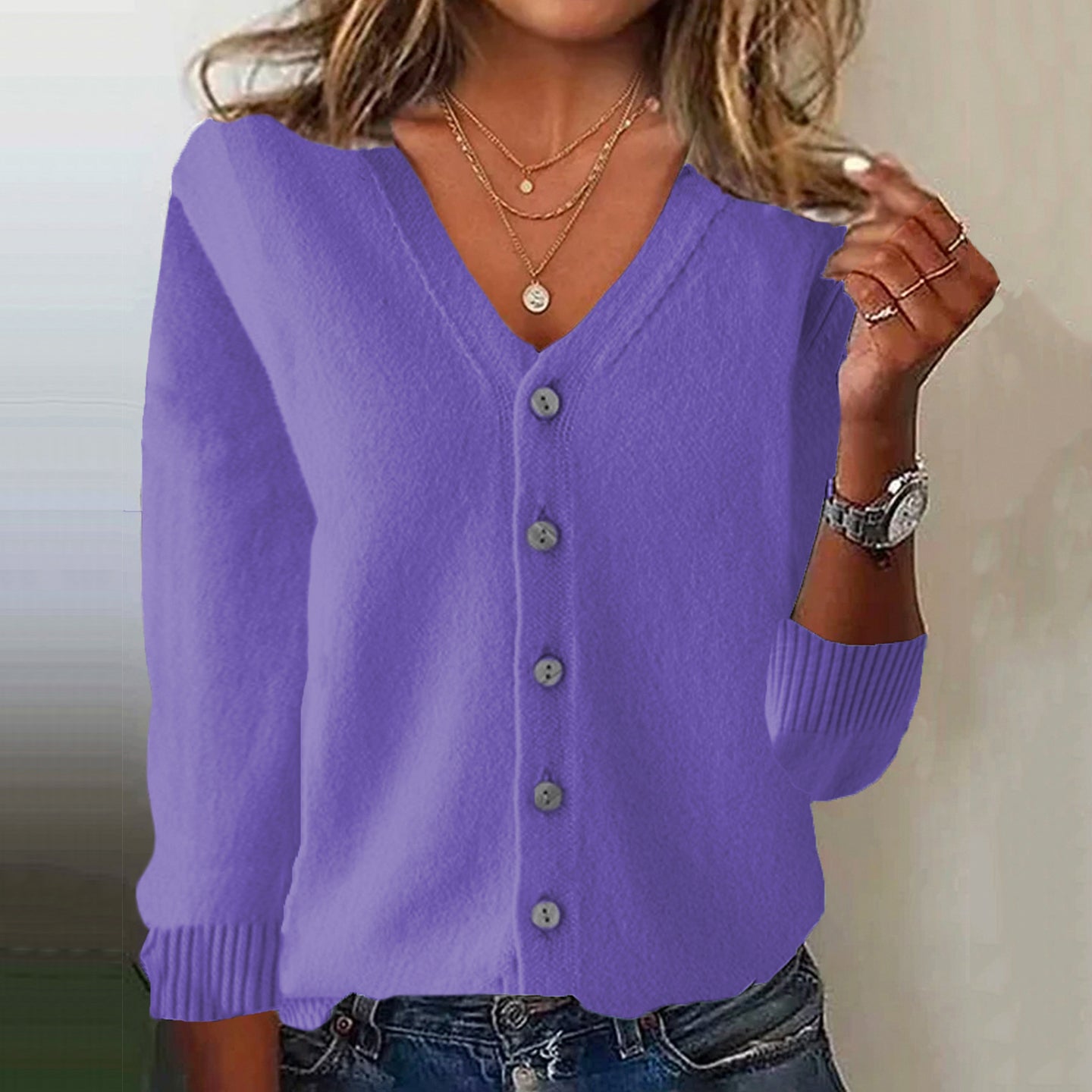 Women's Pink V Neck Button Down Cozy Sweater artswardrobe