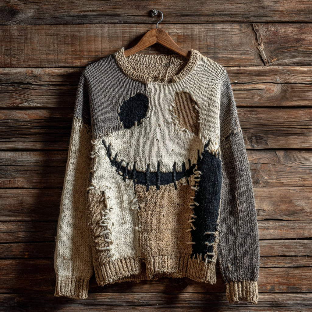 Halloween Spooky Face Contrast Stitched Cozy Knit Sweater artswardrobe