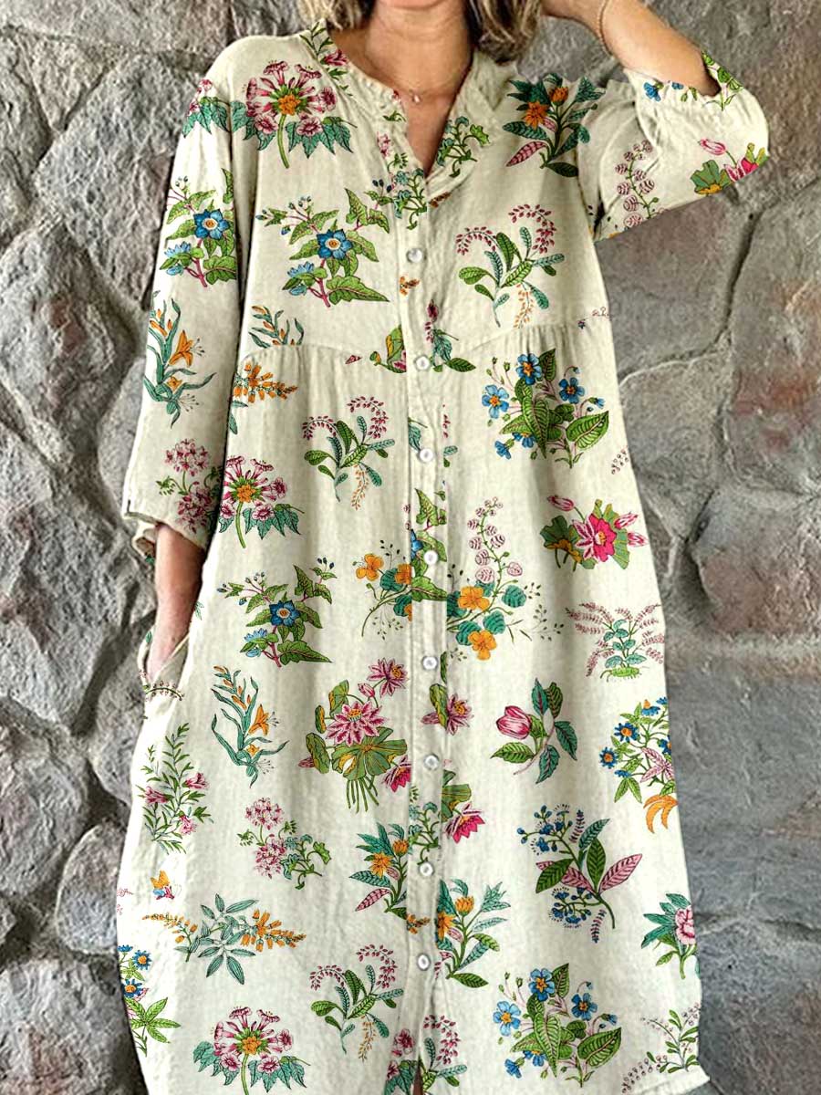 Women's Resort Floral Pattern Cotton Shirt Dress