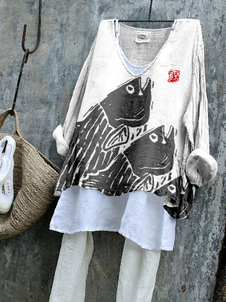 Comstylish Japanese Fish Lino Art Linen Blend Tunic