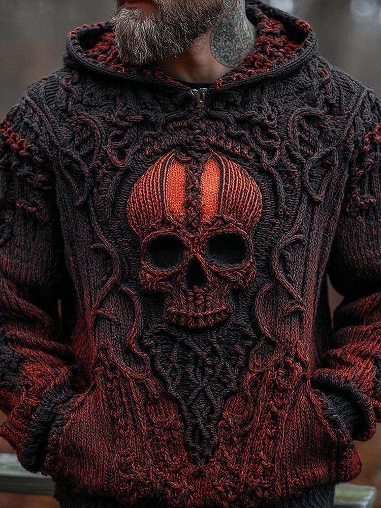 Men's Vintage Spooky Skull Gradient Chunky Hooded Sweater elevenforest