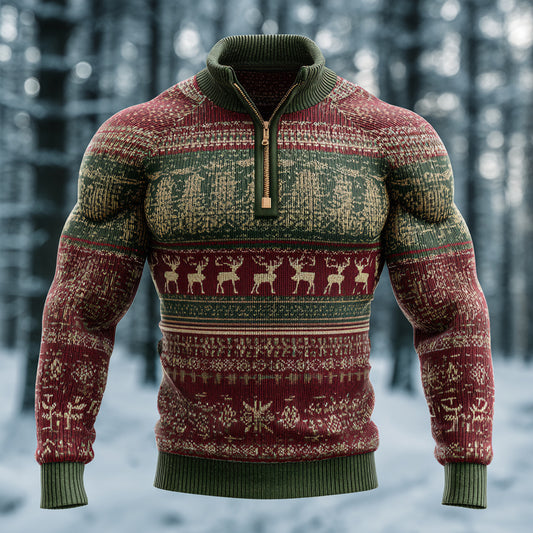Comstylish Men's Christmas Deer Art Cozy Knit Half Zipped Sweater