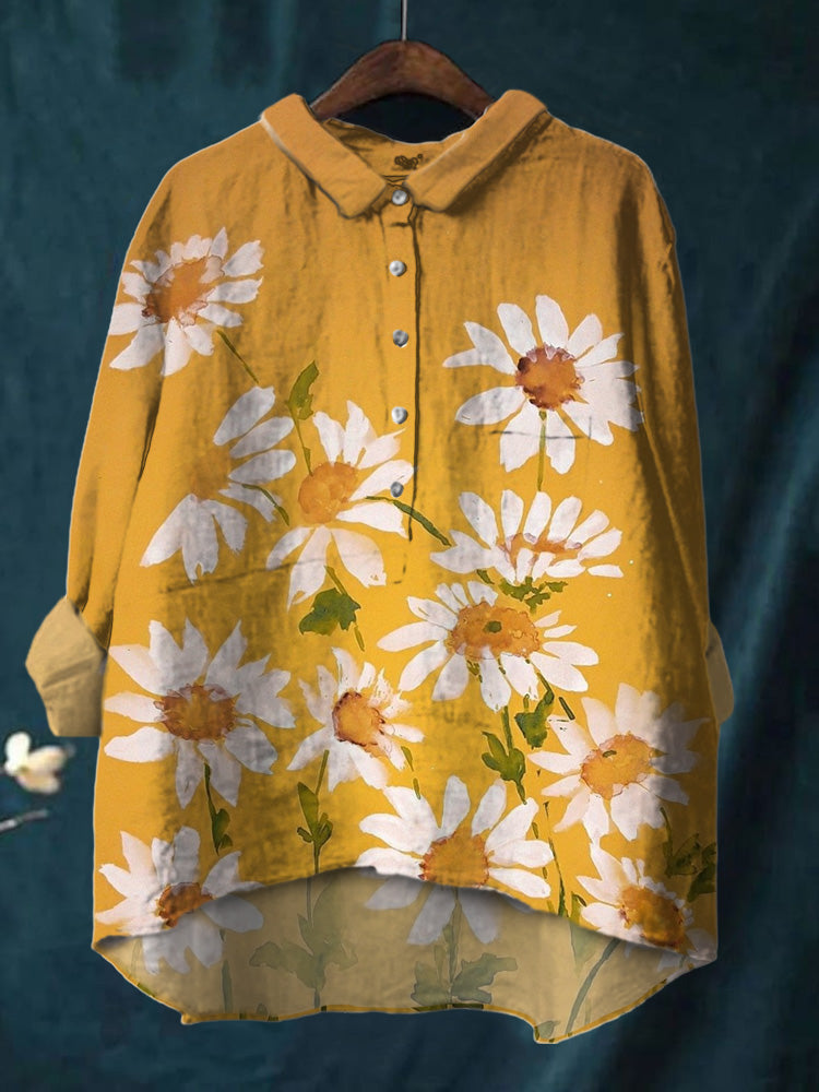 Colorful Watercolor Flower Print Cotton And Linen Shirt