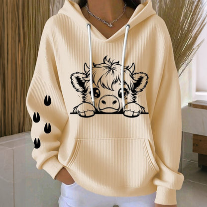 Women's Cute Highland Cow Print Long Sleeve Casual Hoodie artswardrobe
