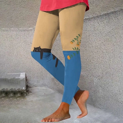 Comstylish Abstract Creative Lazy Black Cat Painting Art Casual Leggings