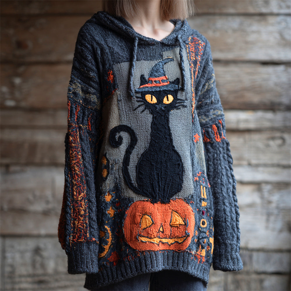 Halloween Cat In A Witch Hat & Pumpkin Lady Knit Hooded Sweater artswardrobe