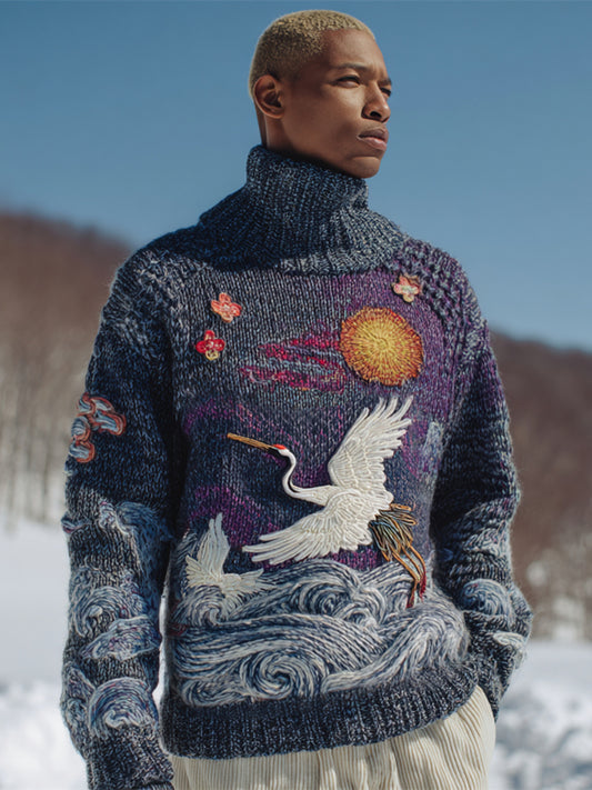 Japanese Crane & Ocean Wave Men's Knit Turtleneck Sweater elevenforest
