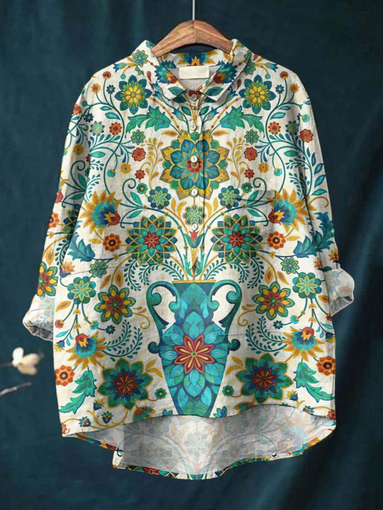 Comstylish Vintage Ethnic Lovely Floral Art Print Casual Cotton And Linen Shirt