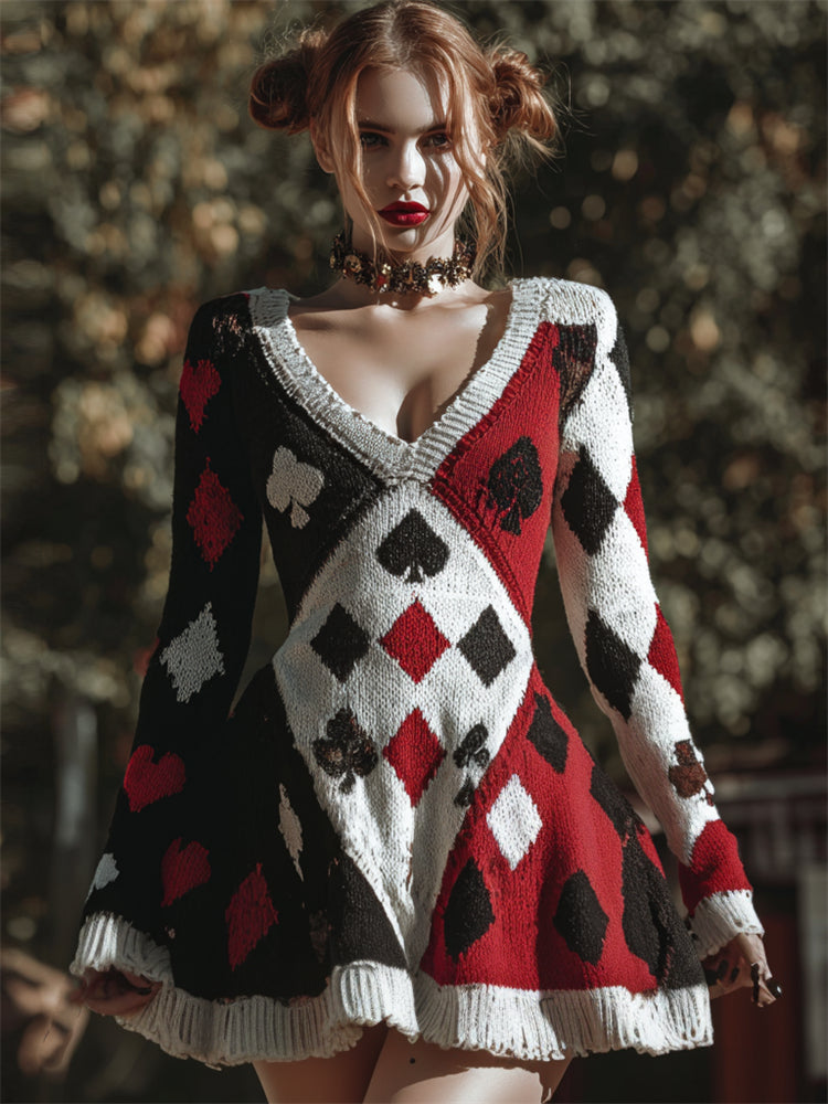 Halloween Clunt Pokers Diamond Pattern Contrast Color Sweater Dress artswardrobe