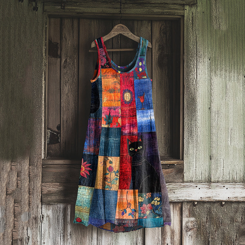 Vintage Black Cat Floral Patchwork Art Linen Blend Tank Dress artswardrobe