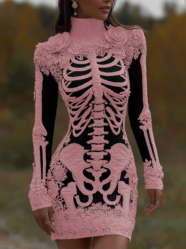 Women's Halloween Skeleton Bones With Rose Art Cozy Knit Turtleneck Mini Sweater Dress artswardrobe