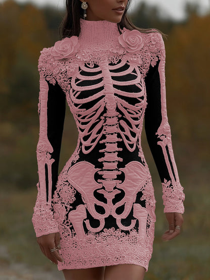 Women's Halloween Skeleton Bones With Rose Art Cozy Knit Turtleneck Mini Sweater Dress artswardrobe