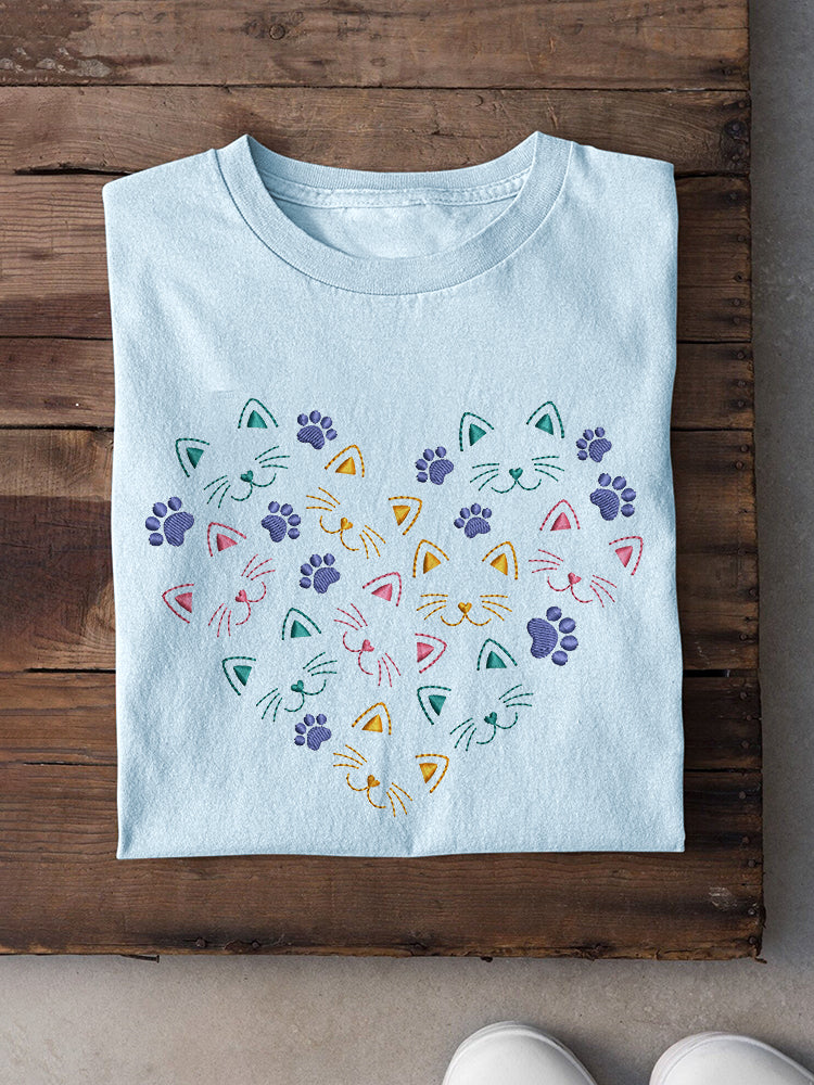 Comstylish Cute Cat Embroidery Pattern Casual Cotton Short Sleeve T-Shirt