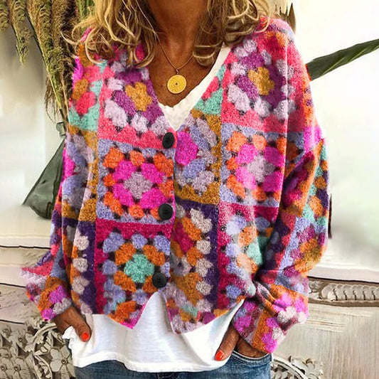 Vintage Geometric Print V-Neck Long Sleeved Knitted Cardigan elevenforest