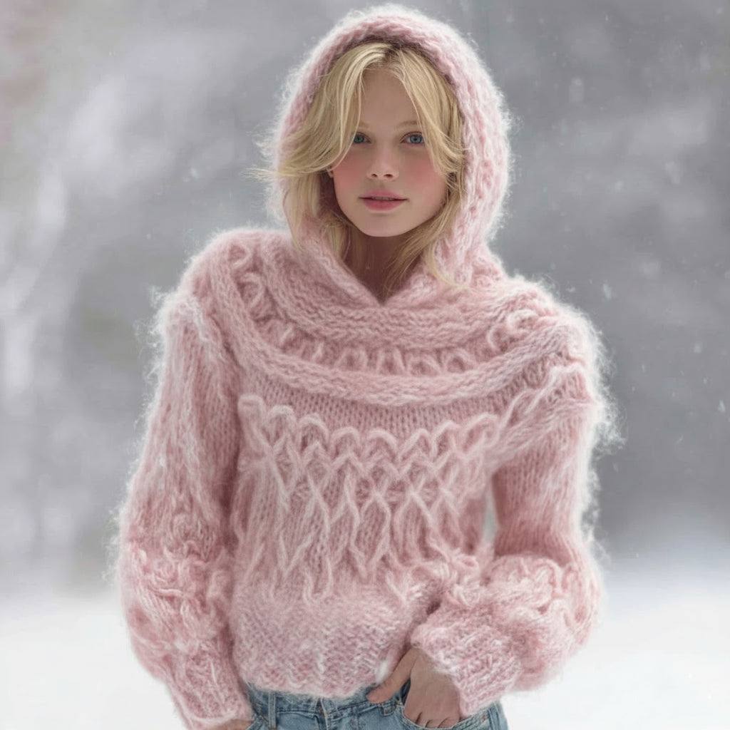 Women's Pink Cable Knit Warm Hooded Sweater artswardrobe