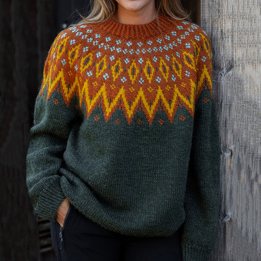 Vintage Icelandic Textured Print Women's Crew Neck Sweater elevenforest