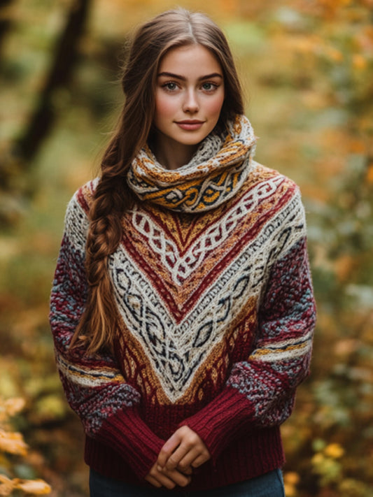 Women's Irish Rainbow Pattern Jacquard Pocket Cozy Sweater artswardrobe