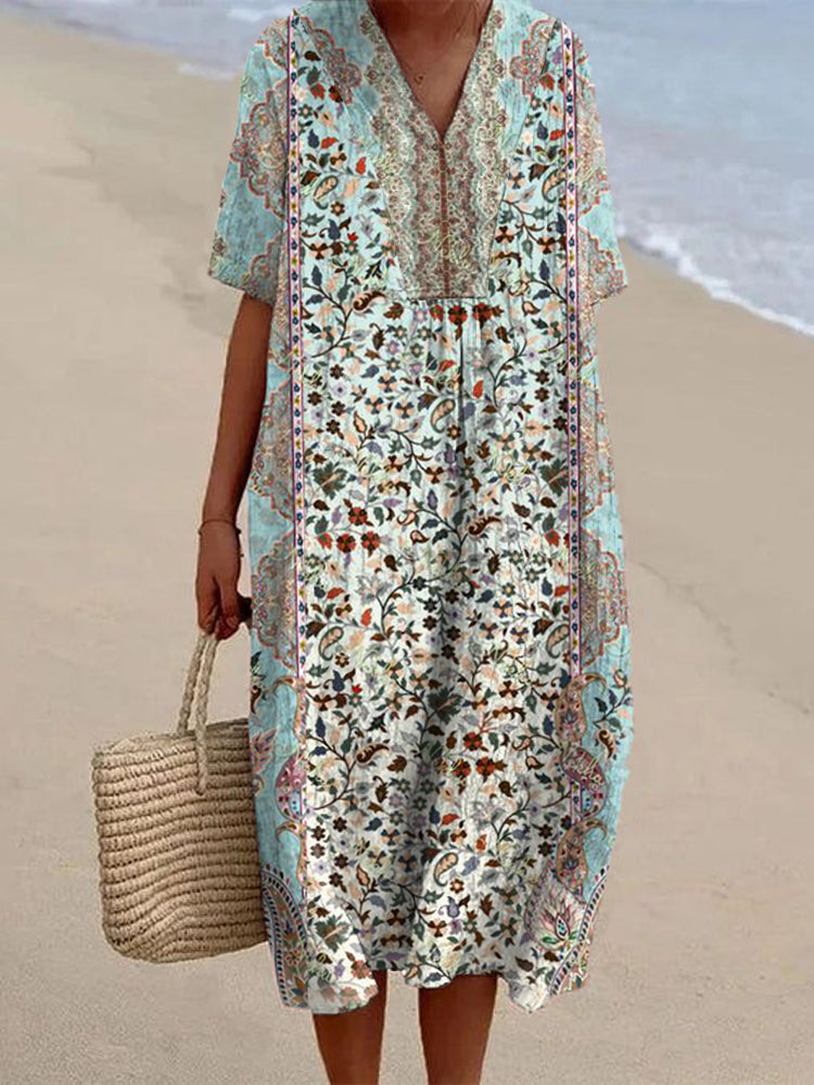 Japanese Art Floral Pattern Linen Blend Midi Dress