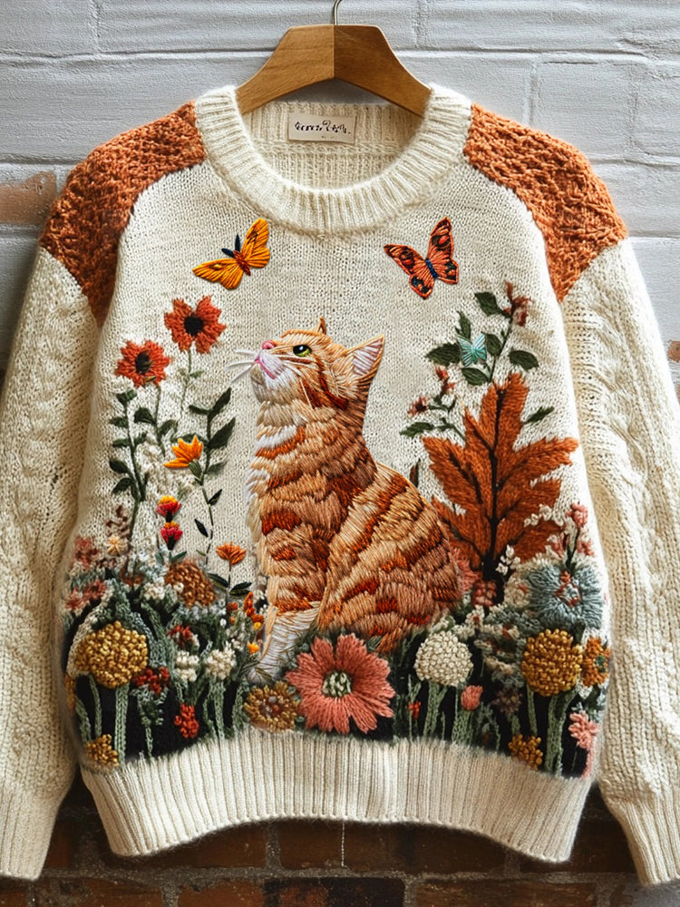 Orange Cat Fall Floral Embroidered Cozy Knit Sweater artswardrobe