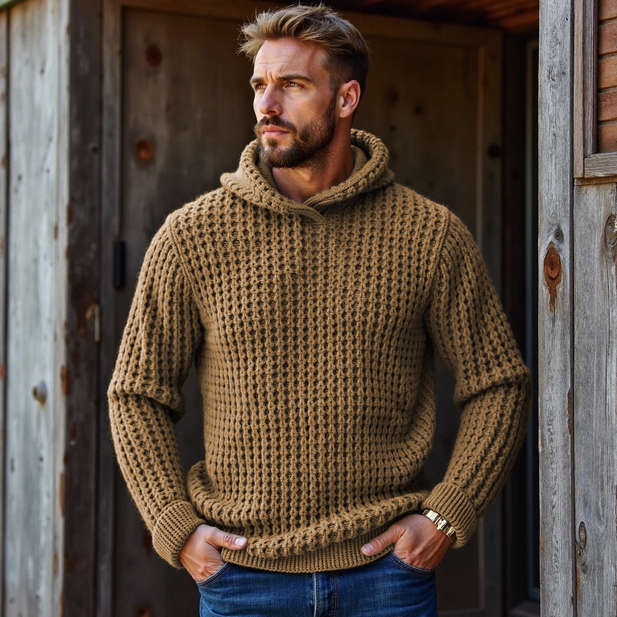 Men's Vintage Plaid Woven Solid Color Hooded Sweater artswardrobe