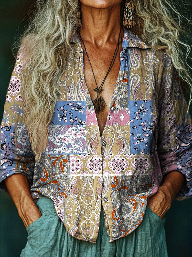 Women's Hippie Art Floral Patchwork Print V-Neck Shirt