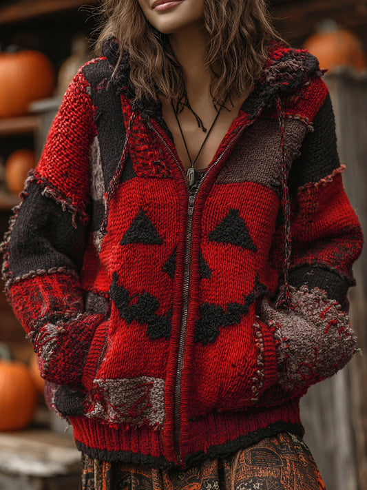 Patchwork Halloween Pumpkin Face Art  Cozy Knit Hooded Cardigan artswardrobe