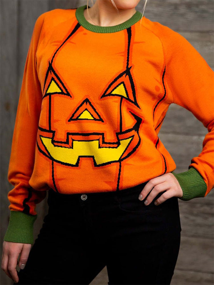 Women's Funny Pumpkin Face Casual Knitted Sweater artswardrobe