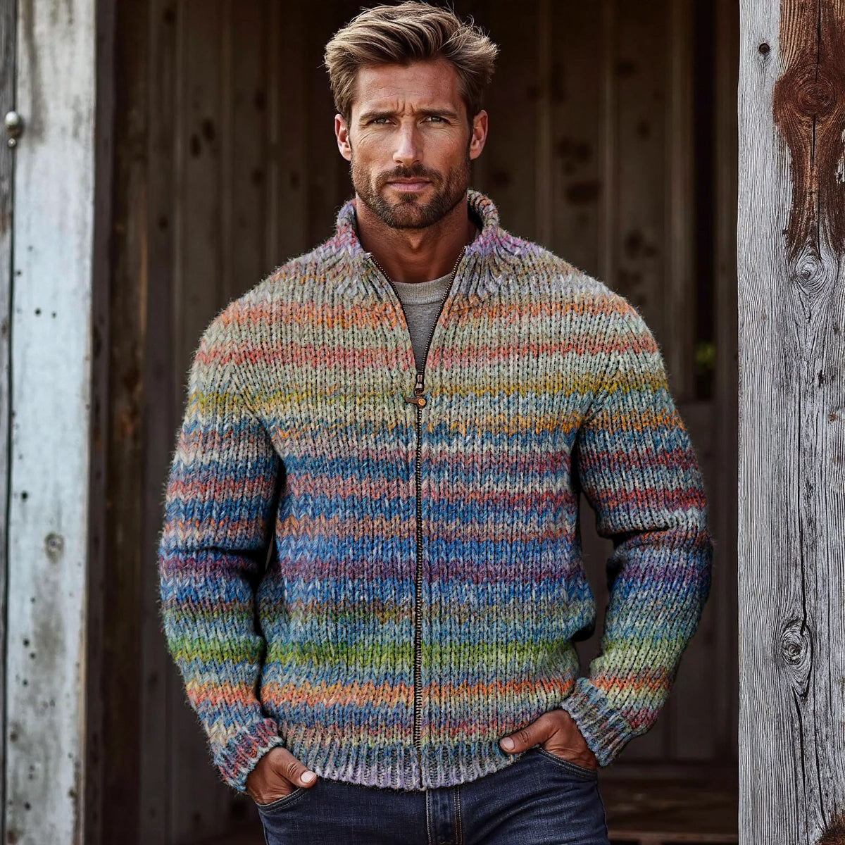 Men's Vintage Rainbow Stripes Gradient Knitted Zip Cozy Sweater elevenforest
