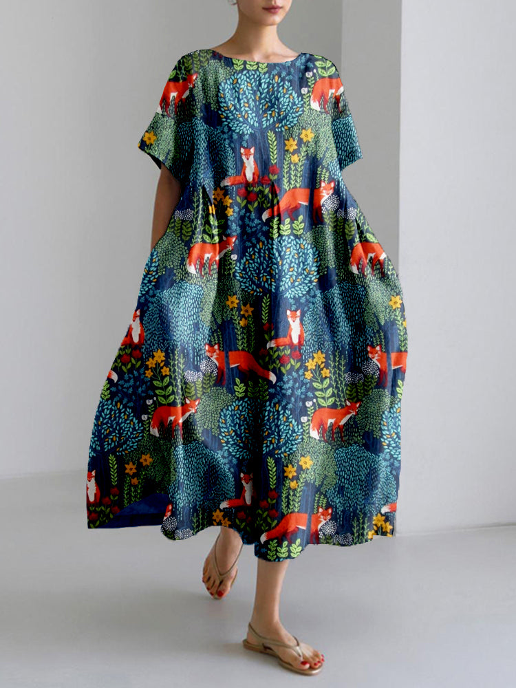 Fox in the Forest Art Linen Blend Flowy Maxi Dress artswardrobe