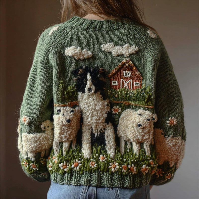 Vintage Border Collie & Sheep Fleece Ranch Knit Cardigan elevenforest
