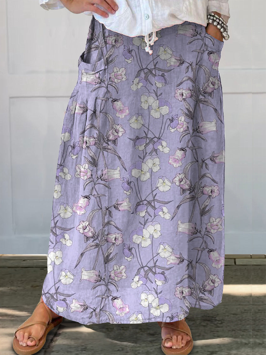 Women's Floral Art Printed Linen Pocket Skirt