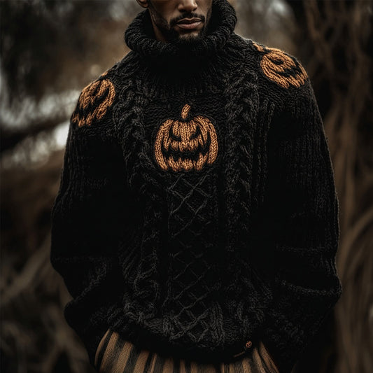 Men's Halloween Pumpkin Inspired Cozy Chunky Turtleneck Sweater artswardrobe