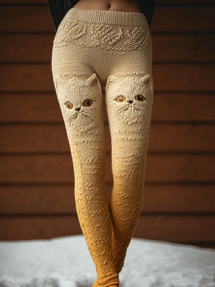 Comstylish Cute Cats Embroidered Gradient Cozy Knit Leggings